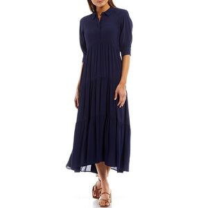 A Loves A button down collar balloon cuff sleeve tiered midi shirt dress navy